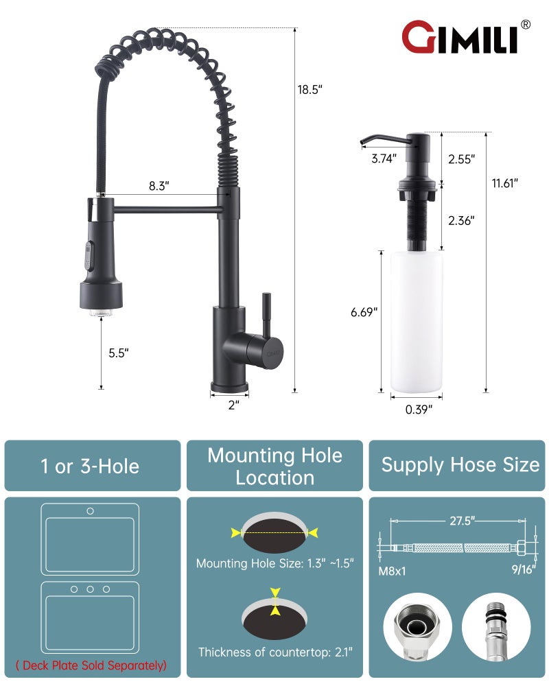 GIMILI Matte Black LED Kitchen Faucet with Soap Dispenser, Modern Single Handle Spring Kitchen Sink Faucets with Pull Down Sprayer - Image 2